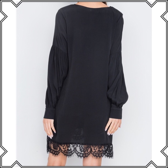 BLACK LONG SLEEVE LACE HEM V-NECK MINI DRESS - Picture 3 of 5
